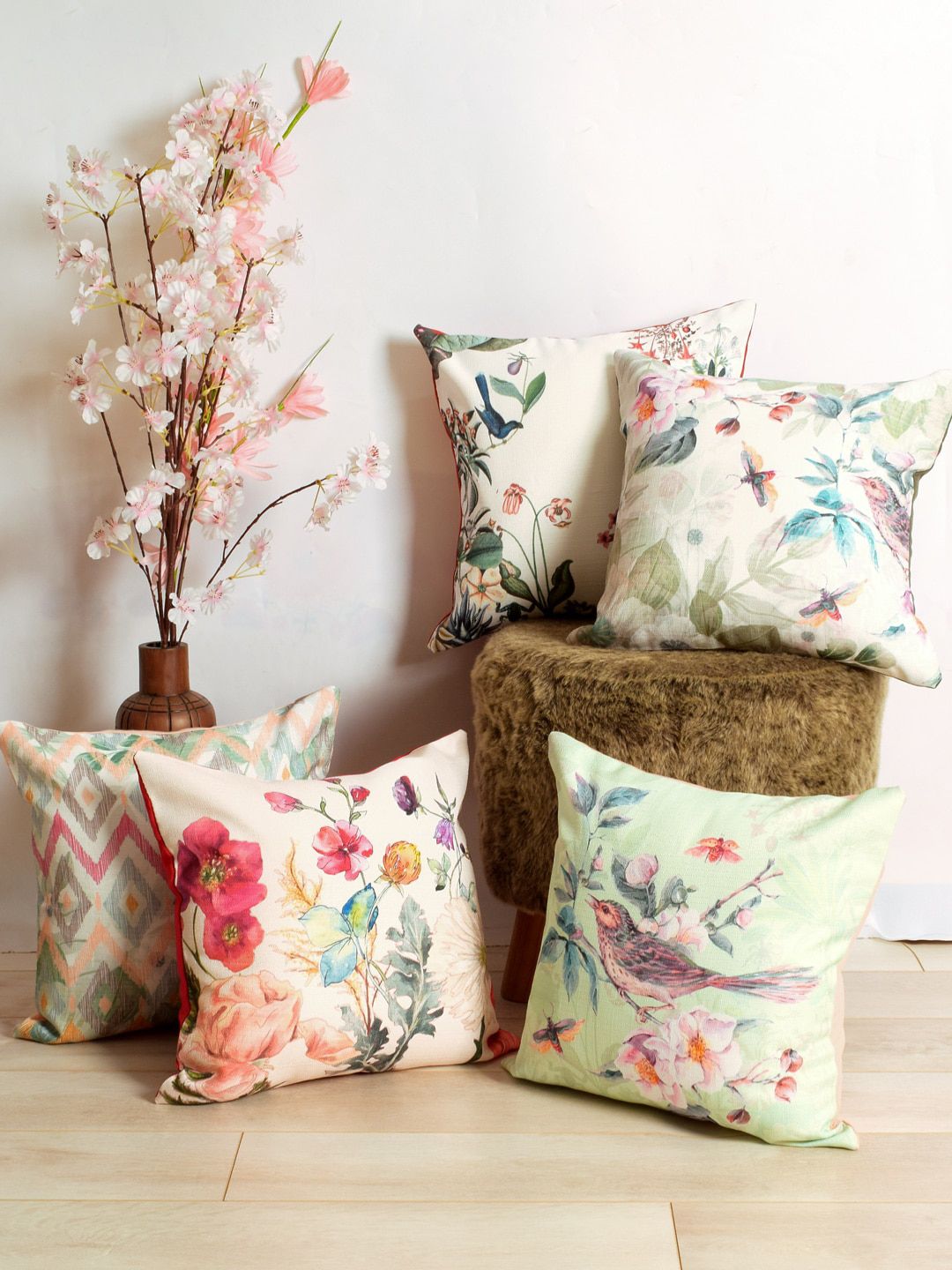 BLANC9 Pink & Blue 5 Pieces Floral Square Cushion Covers-image-26