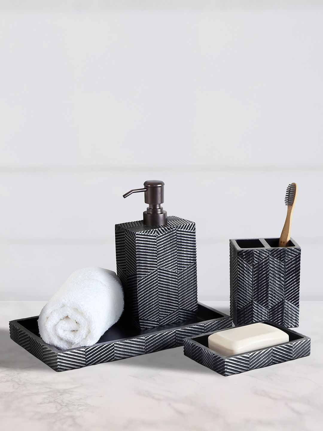 OBSESSIONS Grey 4-Pieces Textured Classic Bathroom Accessories Set-picture-38