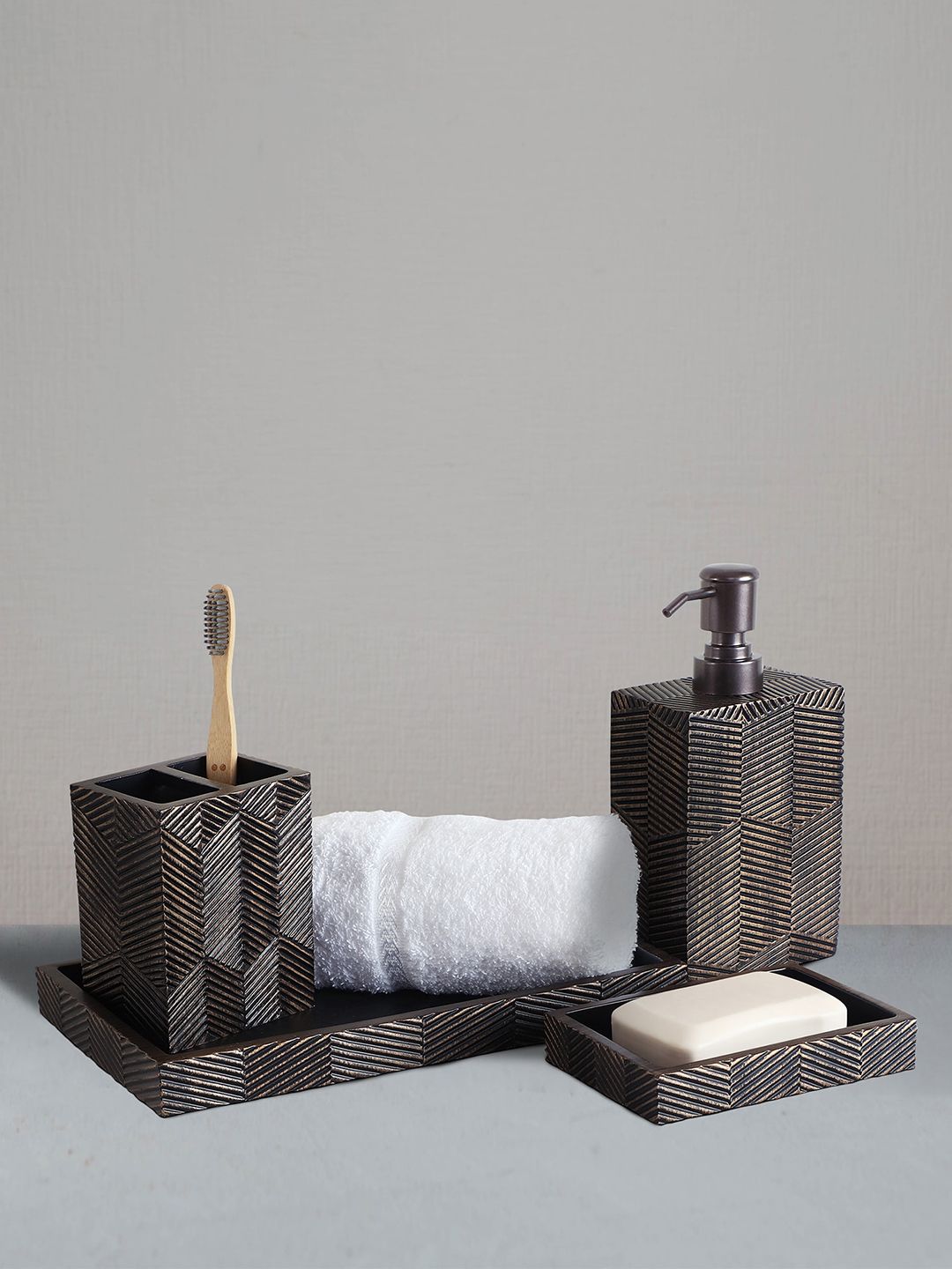 OBSESSIONS Brown 4-Pieces Textured Classic Bathroom Accessories Set-picture-17