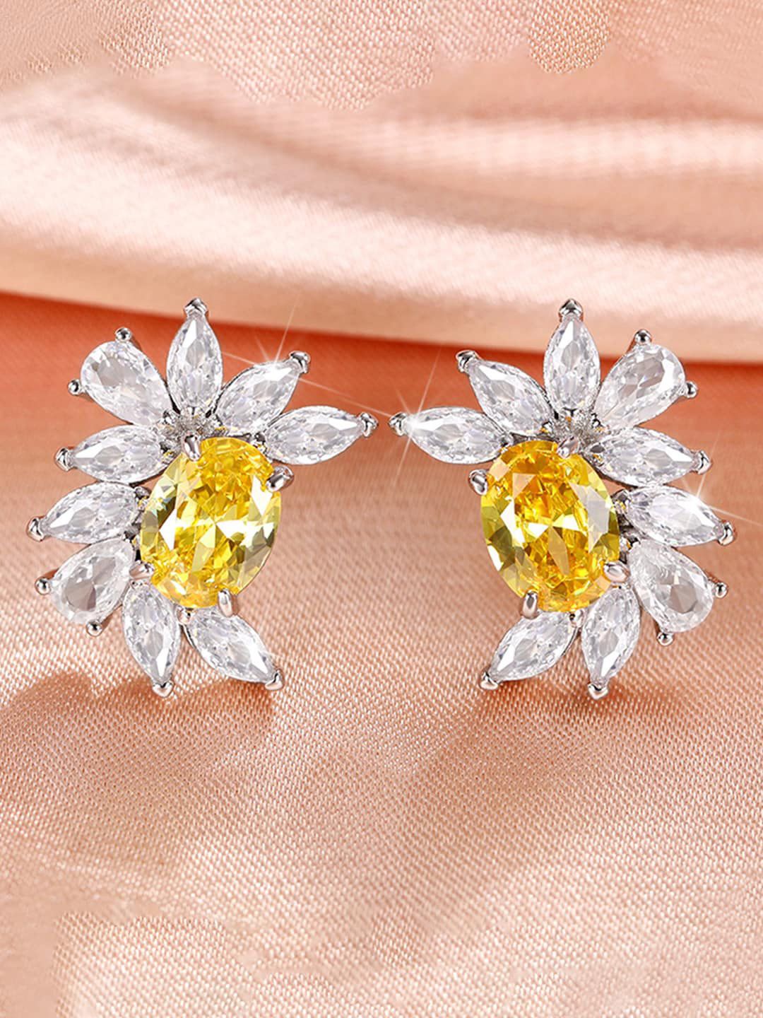 Designs & You Silver Plated American Diamond Studded Floral Studs-picture-38