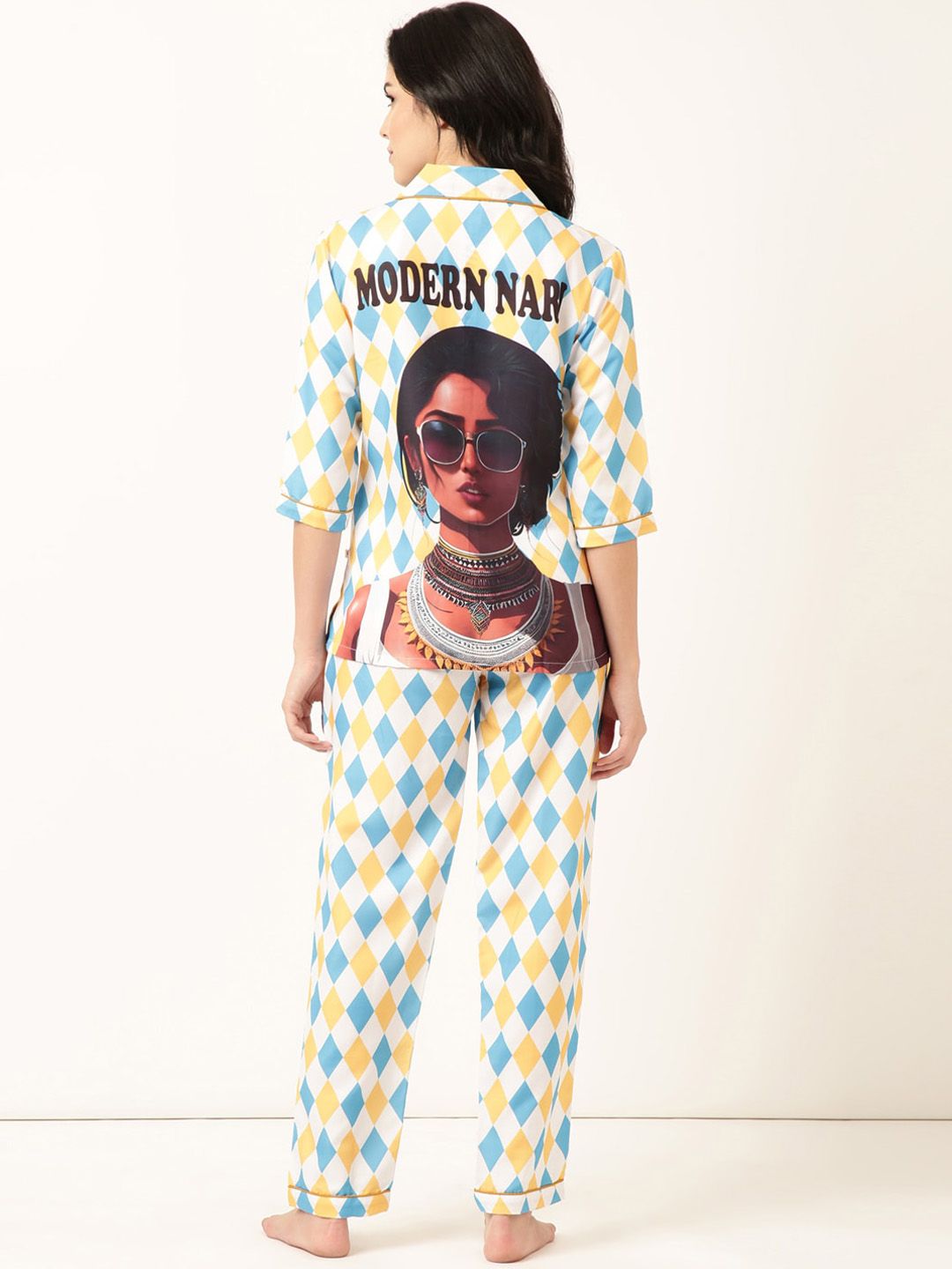 Bannos Swagger White Graphic Printed Lapel Collar Night suit-image-29