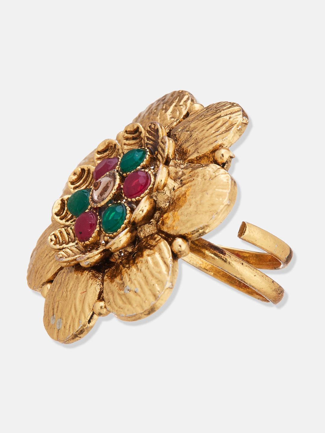 ATIBELLE Set Of 2 Gold & Silver Plated Stone-Studded & Beaded Adjustable Finger Ring