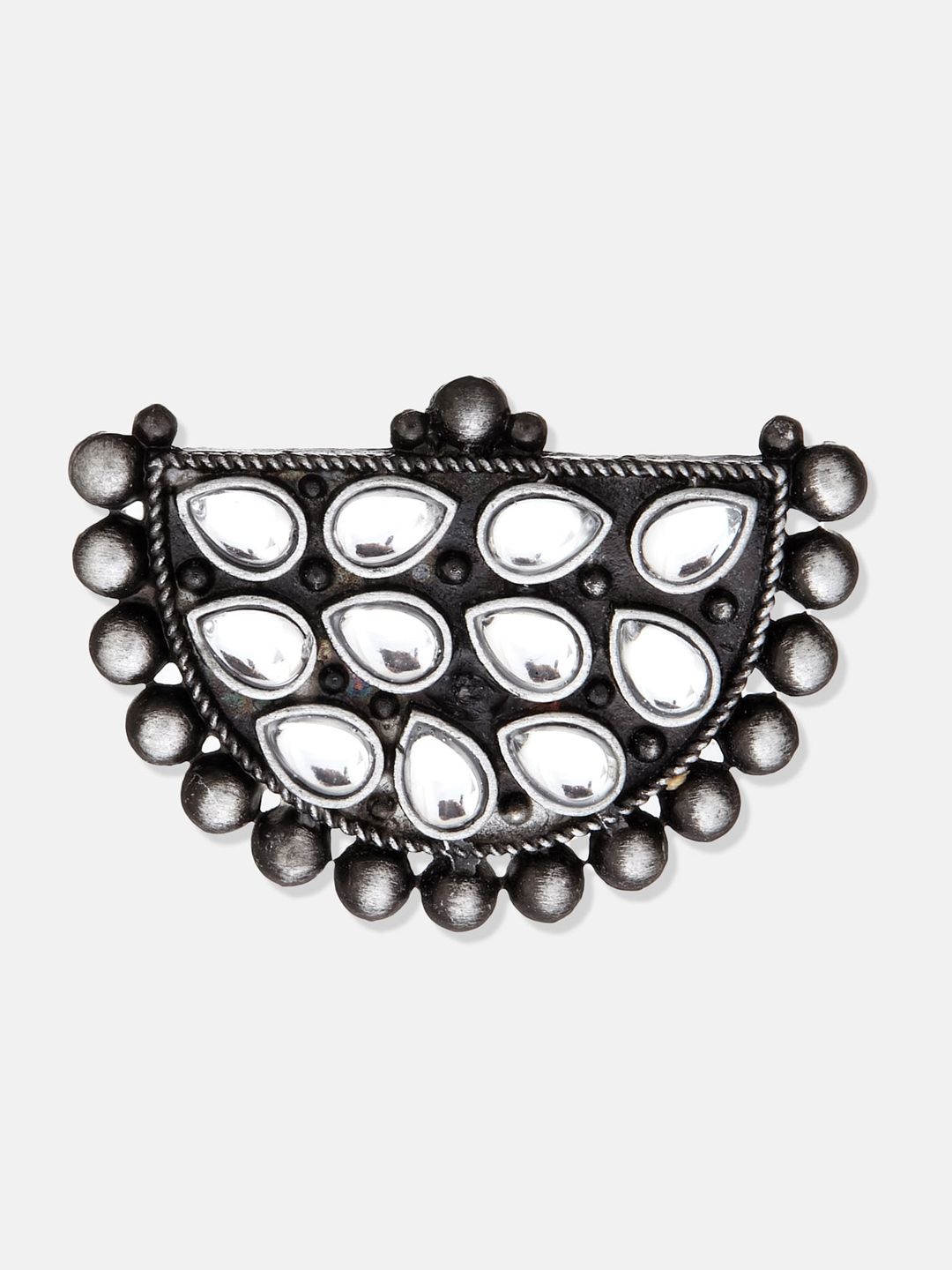 ATIBELLE Set Of 2 Gold & Silver Plated Stone-Studded & Beaded Adjustable Finger Ring