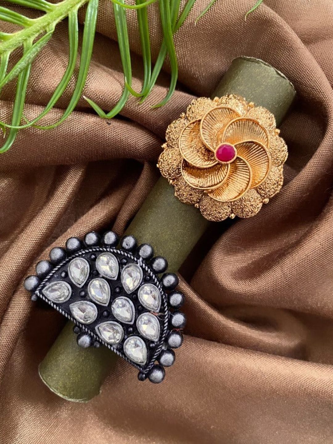 ATIBELLE Set of 2 Gold & Silver-Plated Artificial Stones and Beads Adjustable Finger Ring
