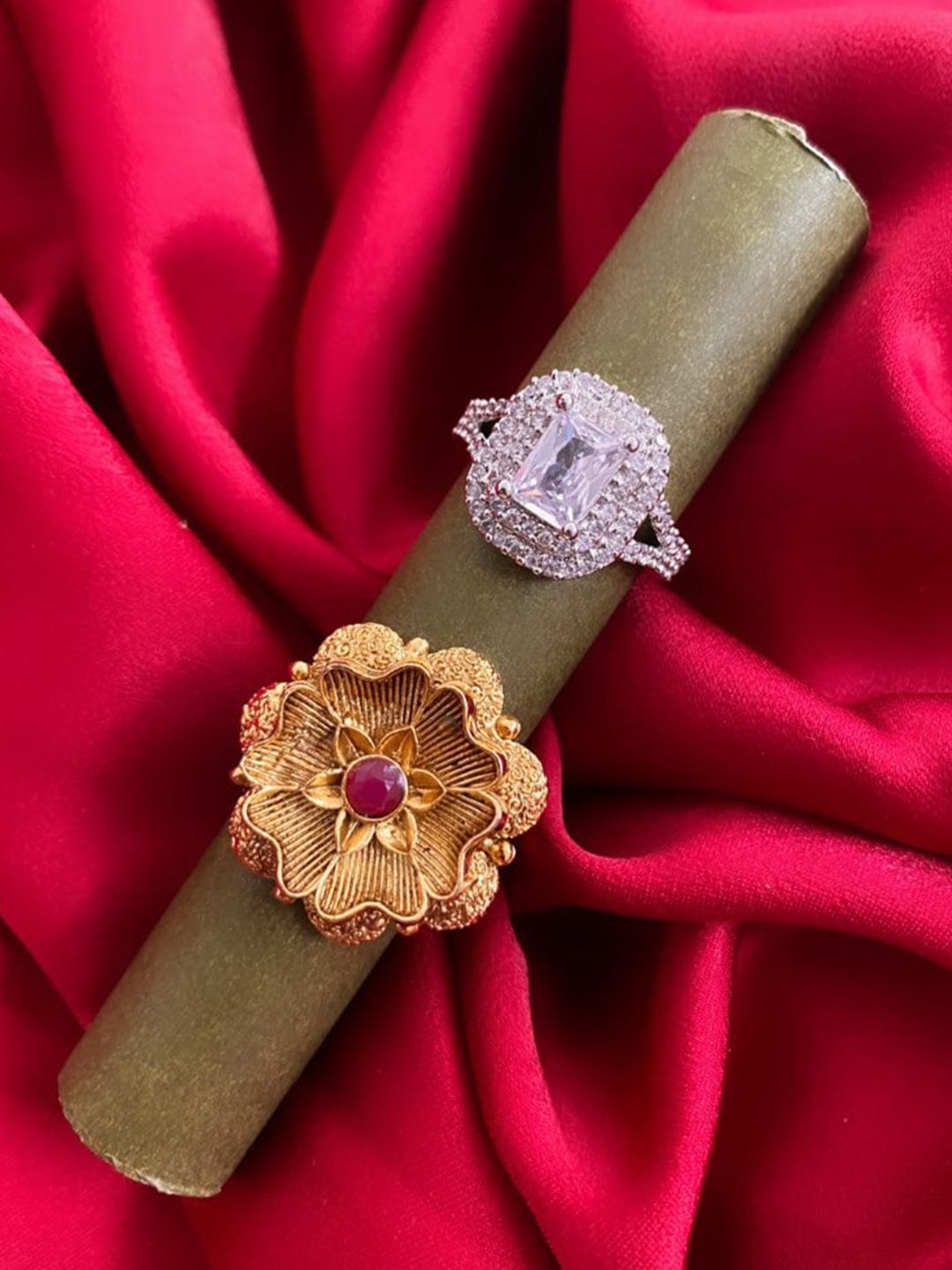 ATIBELLE Set Of 2 Gold-Plated stone-Studded & Rhodium-Plated CZ-Studded Finger Rings