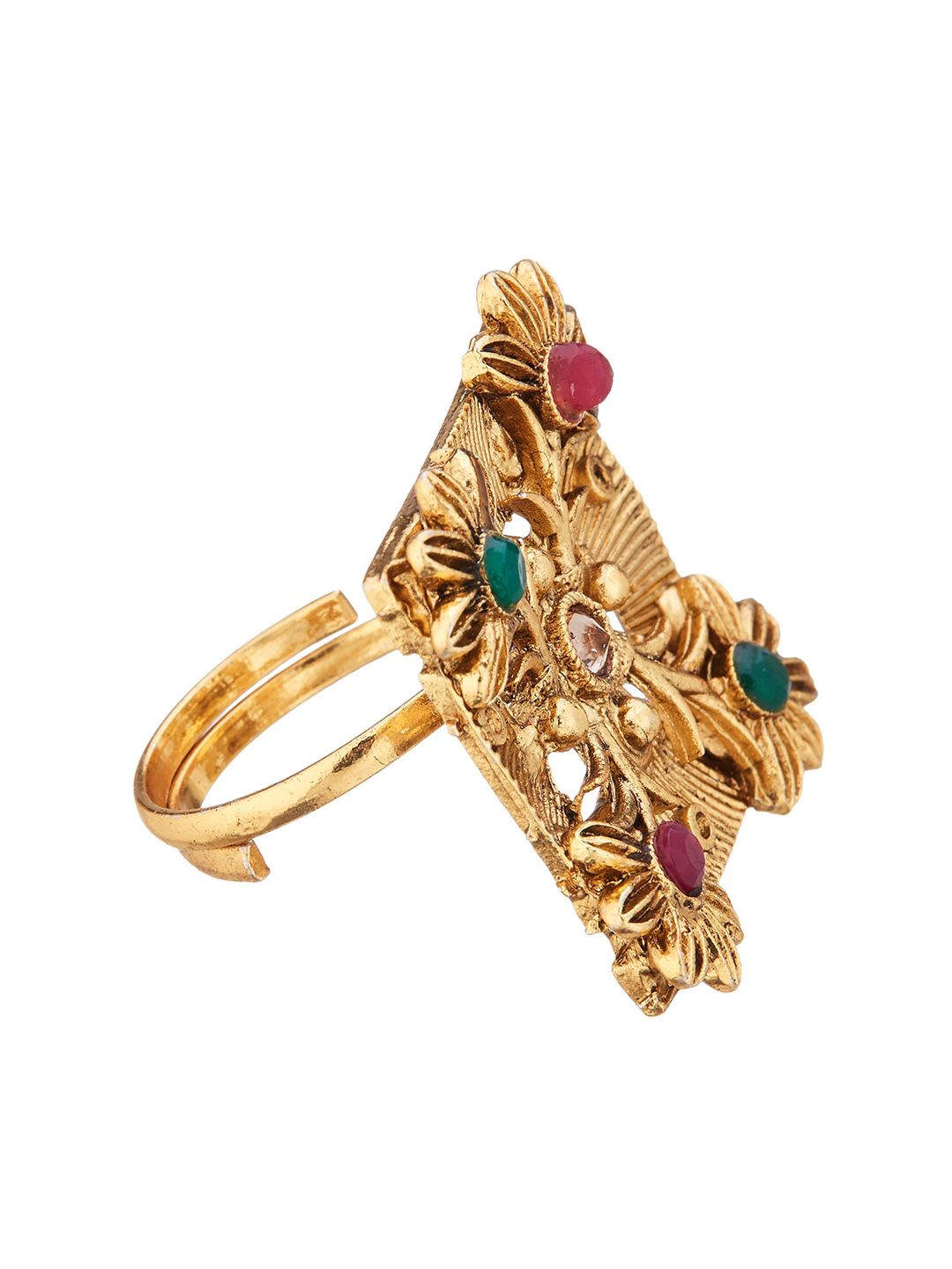 ATIBELLE Set Of 2 Gold-Plated Stone-Studded Adjustable Finger Ring