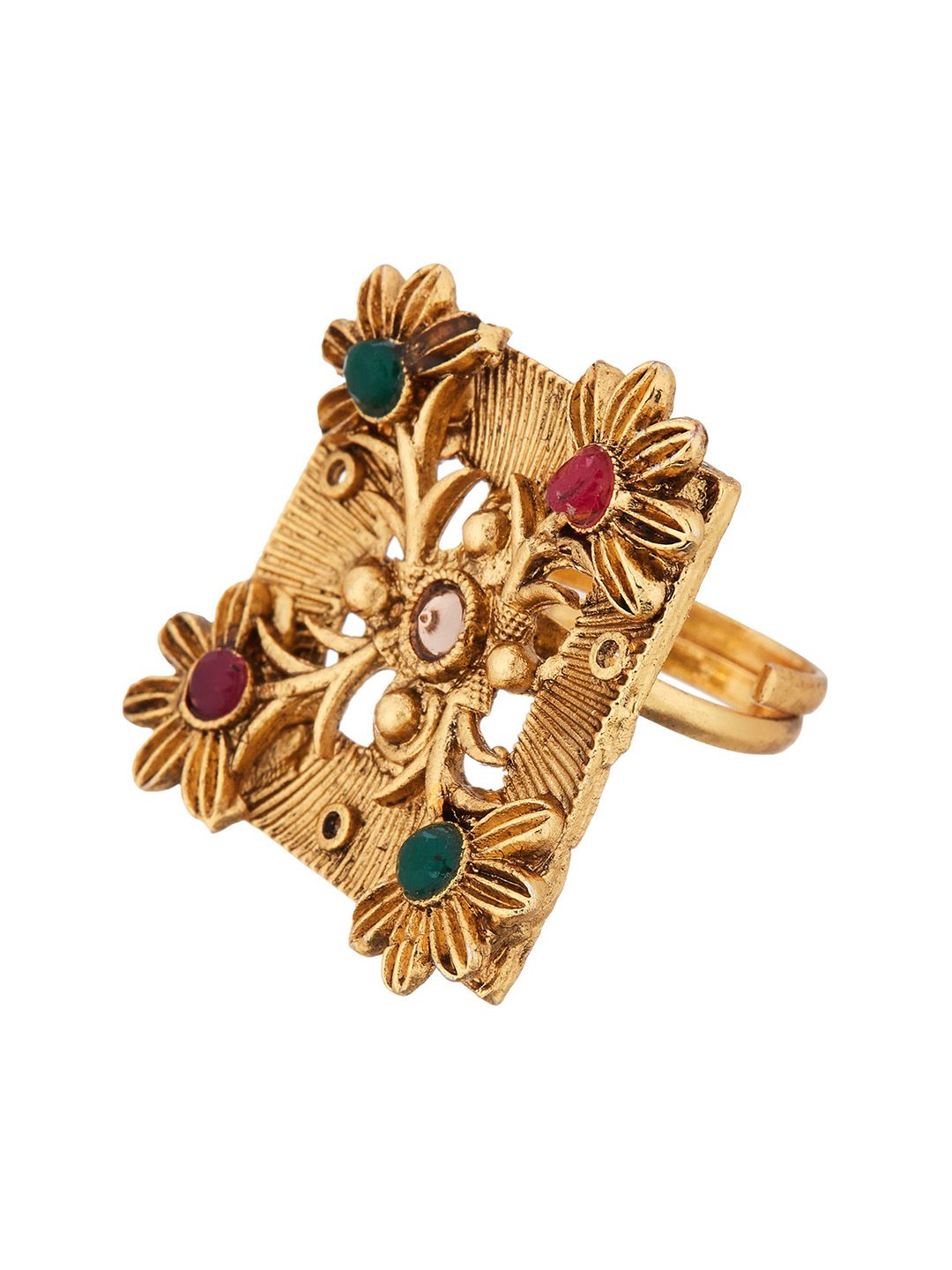 ATIBELLE Set Of 2 Gold-Plated Stone-Studded Adjustable Finger Ring