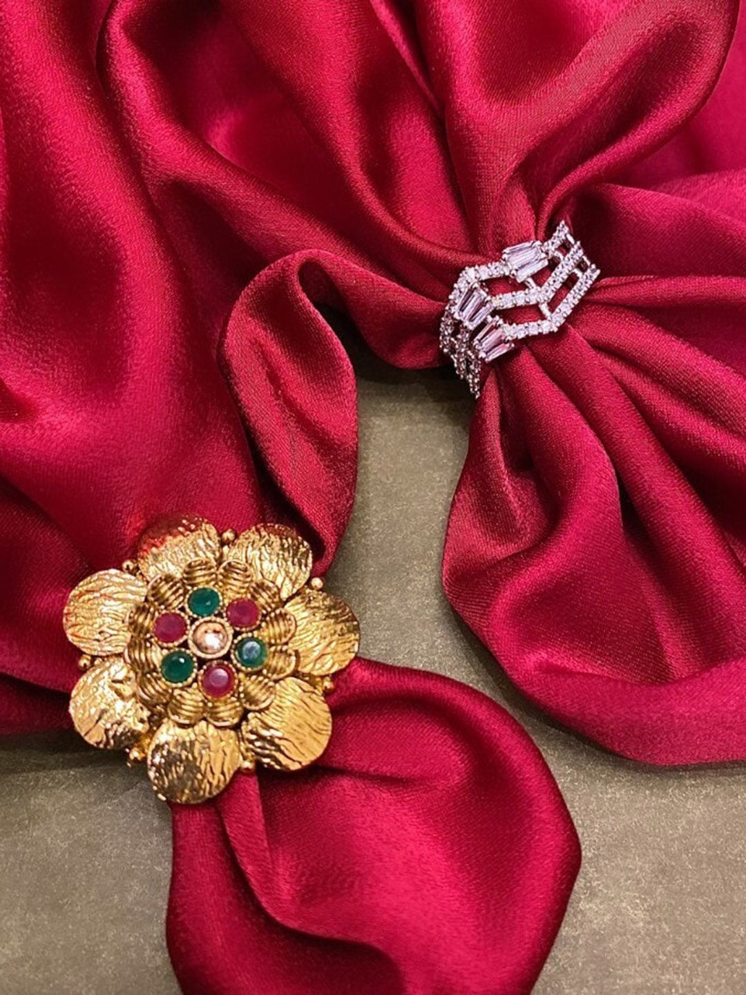 ATIBELLE Set of 2 Gold Plated & Cubic Zirconia Stone Studded Floral Rings