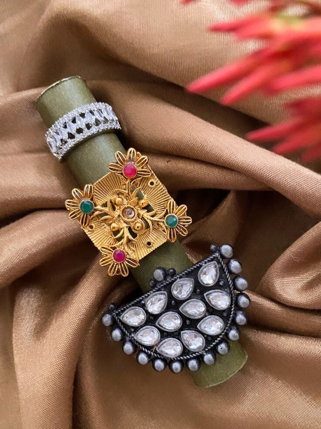 ATIBELLE Set of 3 Gold & Silver-Plated Artificial Stones & Beads Studded Finger Ring