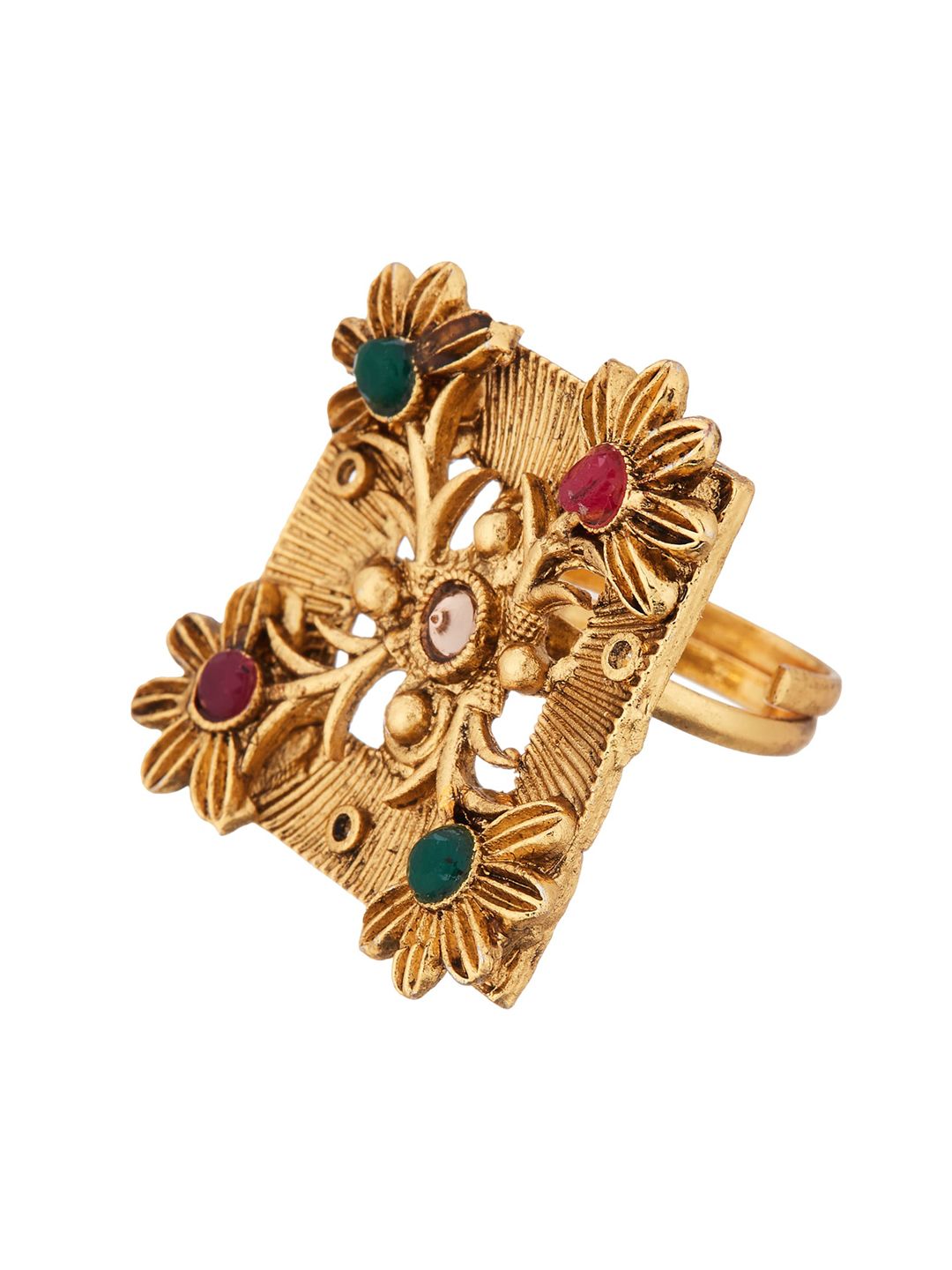 ATIBELLE Set of 3 Gold & Silver-Plated Artificial Stones & Beads Studded Finger Ring