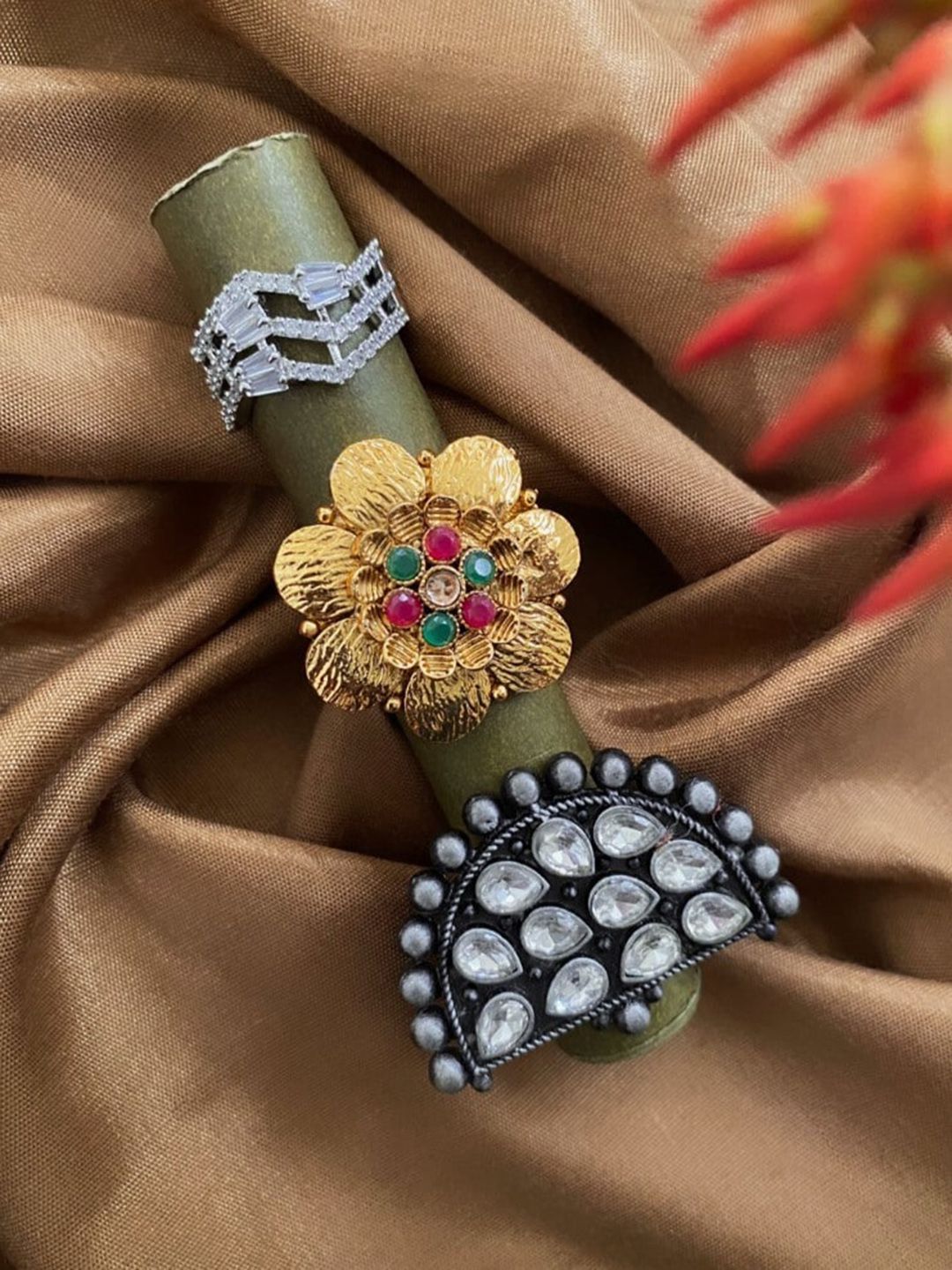 ATIBELLE Set Of 3 Gold-Plated & Silver-Plated Stone-Studded Finger Rings