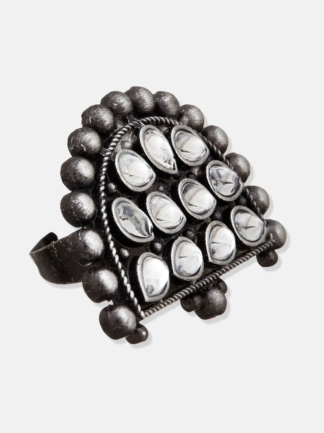 ATIBELLE Set Of 3 Gold-Plated & Silver Plated Stone-Studded Adjustable Floral Finger Rings