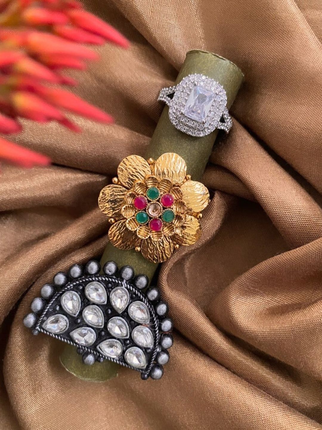 ATIBELLE Set Of 3 Gold-Plated & Silver Plated Stone-Studded Adjustable Floral Finger Rings
