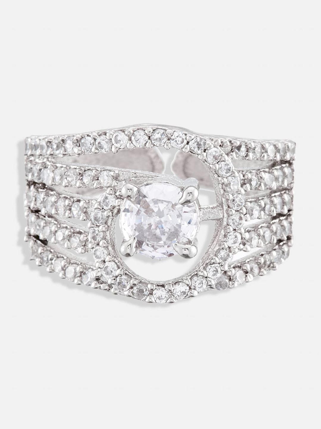 ATIBELLE Set Of 3 Rhodium-Plated CZ Stone-Studded Adjustable Finger Ring