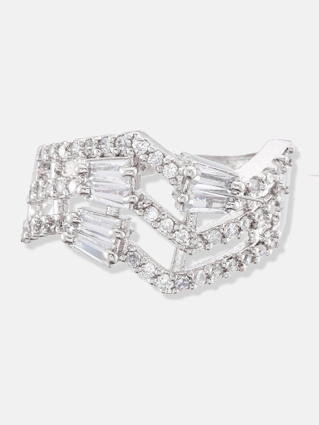 ATIBELLE Set Of 3 Rhodium-Plated CZ Stone-Studded Adjustable Finger Ring