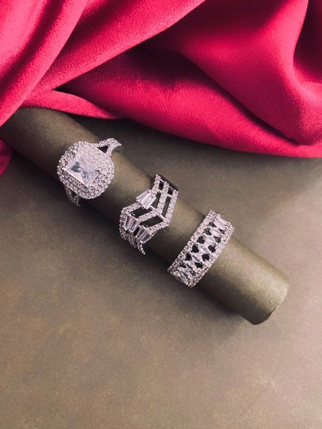 ATIBELLE Set of 3 Rhodium-Plated Cubic Zirconia-Studded Adjustable Finger Rings