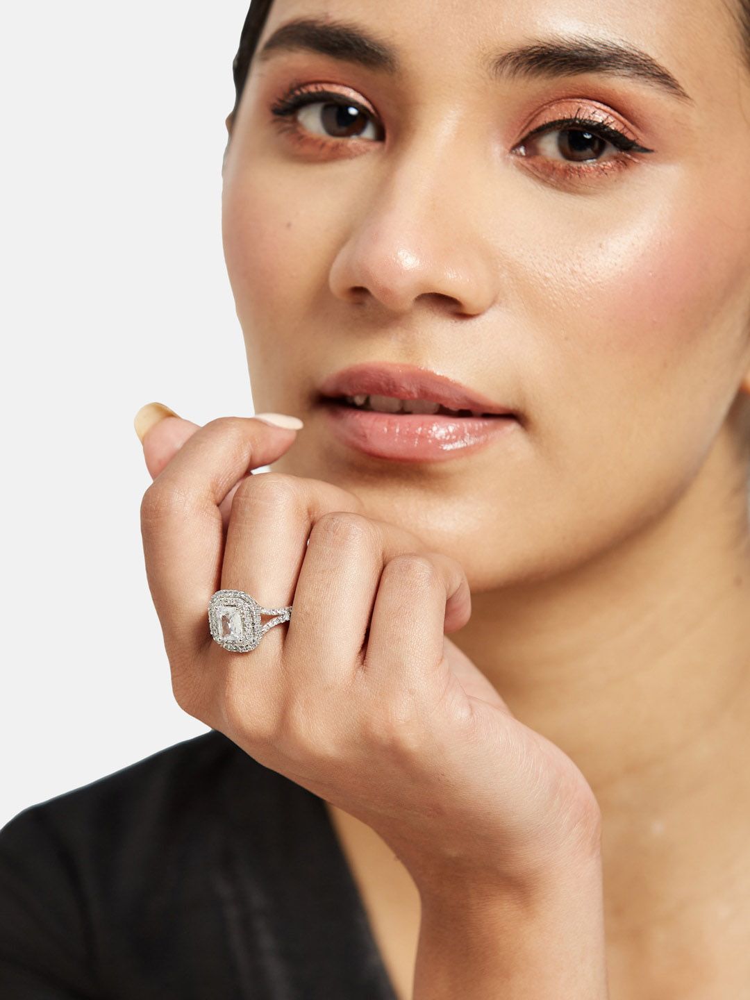 ATIBELLE Set of 3 Rhodium-Plated Cubic Zirconia-Studded Adjustable Finger Rings