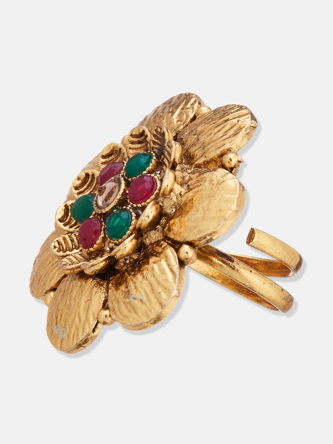 ATIBELLE Set Of 3 Gold & Silver Plated Stones Studded  Floral Adjustable Finger Rings