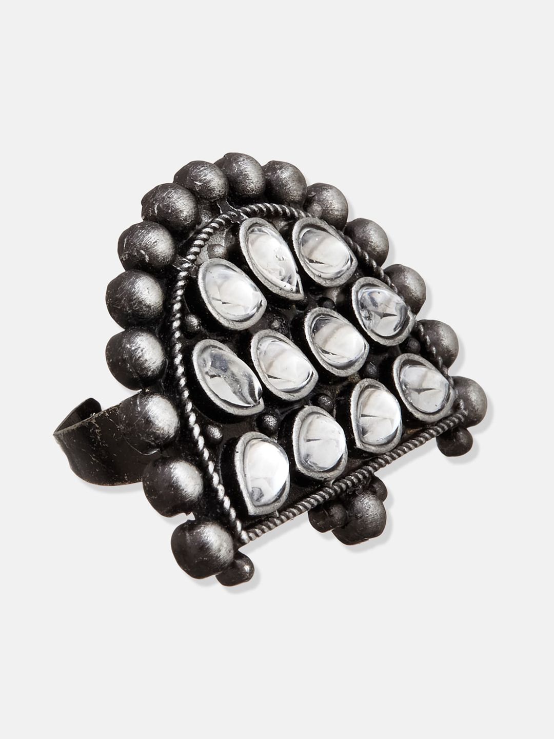 ATIBELLE Set Of 3 Gold & Silver Plated Stones Studded  Floral Adjustable Finger Rings