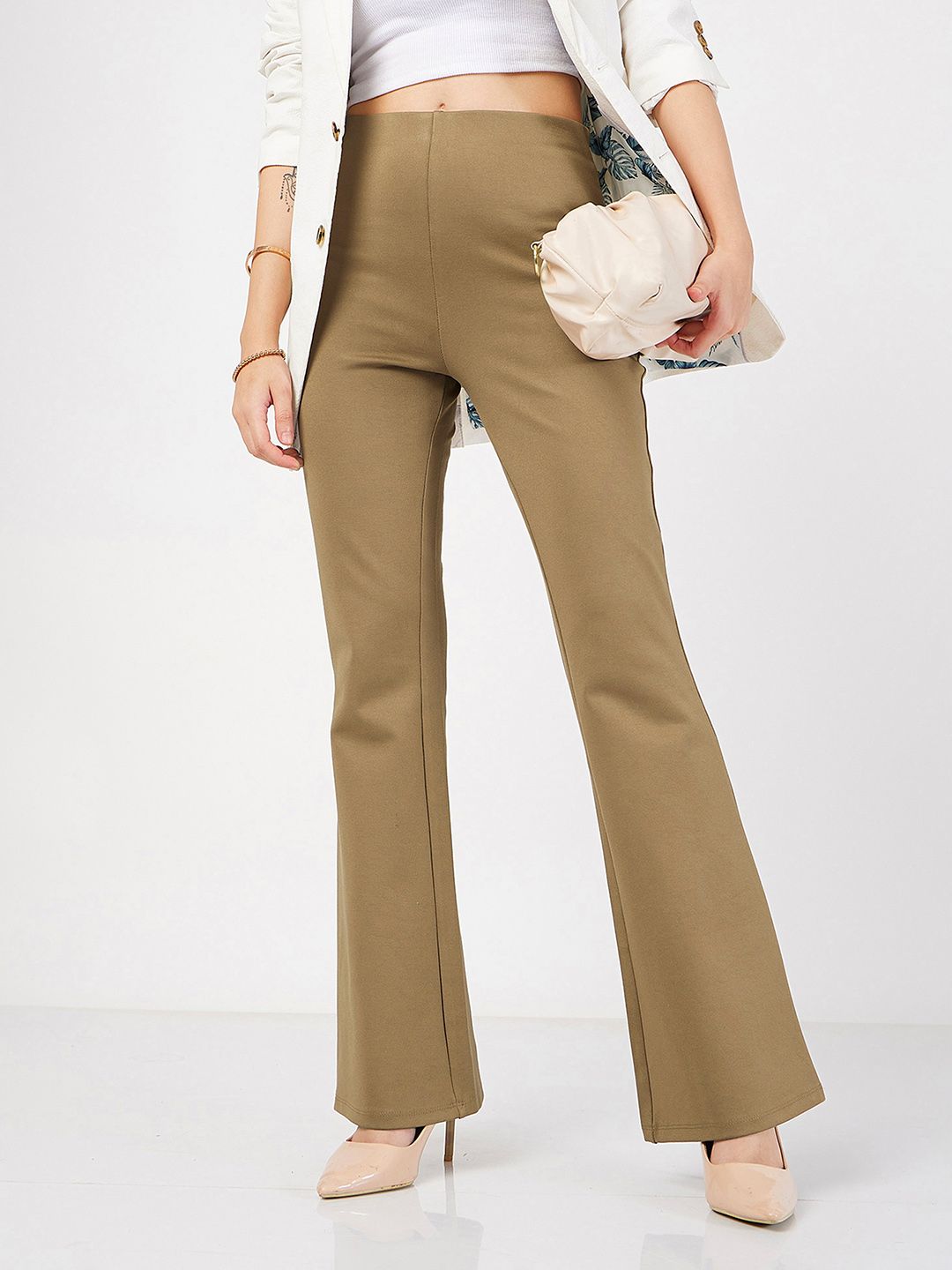 SASSAFRAS Women Beige Mid-Rise Slim Fit Bootcut Trousers-picture-22
