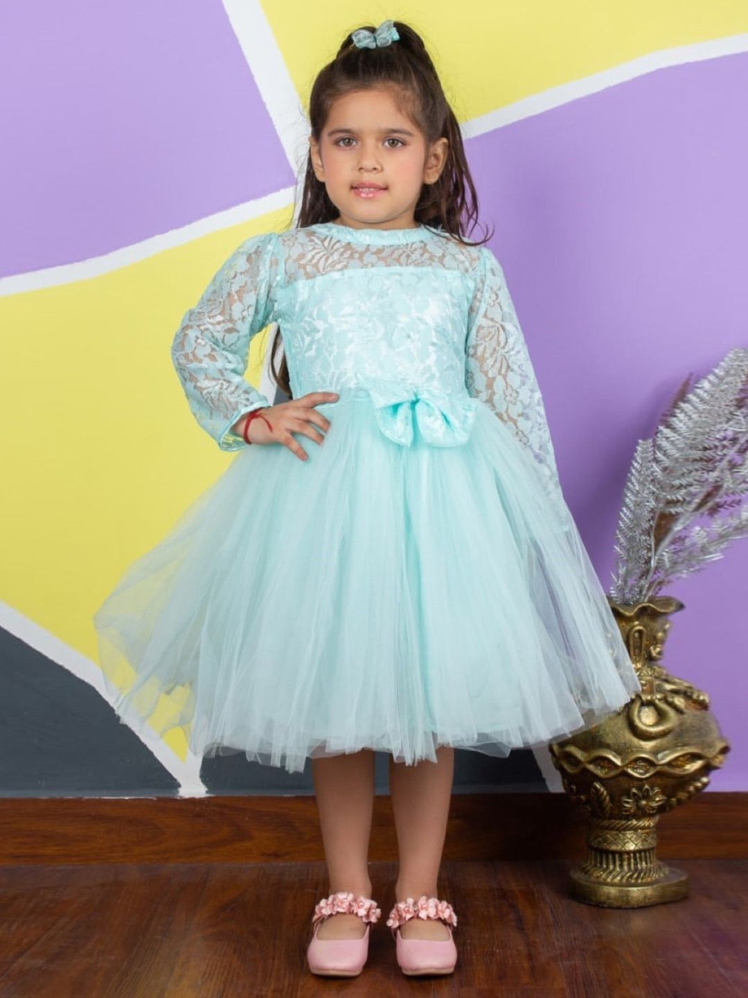 Bella Moda Girls Self Designed Long Sleeves Satin Fit & Flare Midi Dress-picture-50
