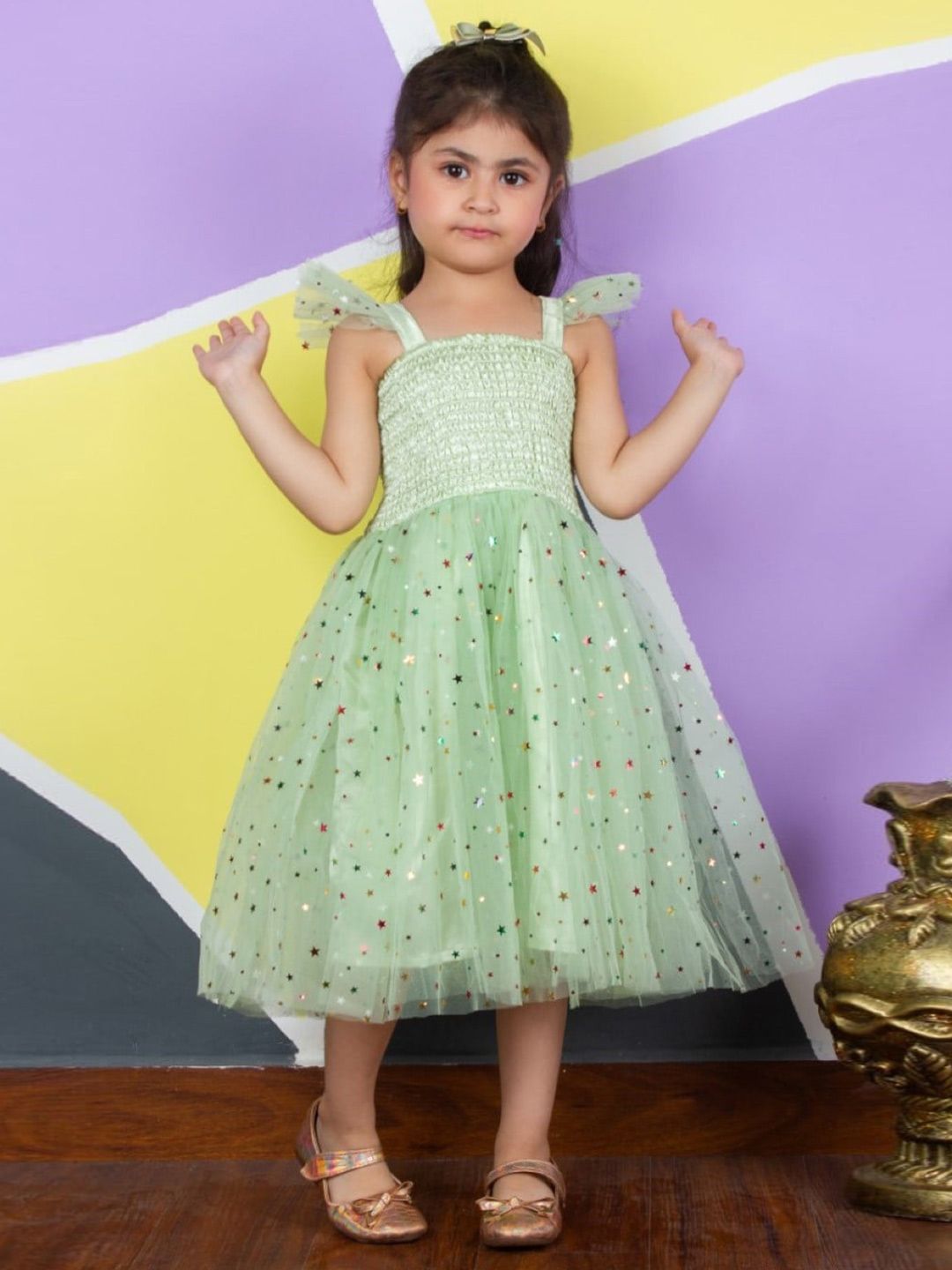 Bella Moda Girls Embellished Smocked Shoulder Strapped Satin Fit & Flare Midi Dress-image-42
