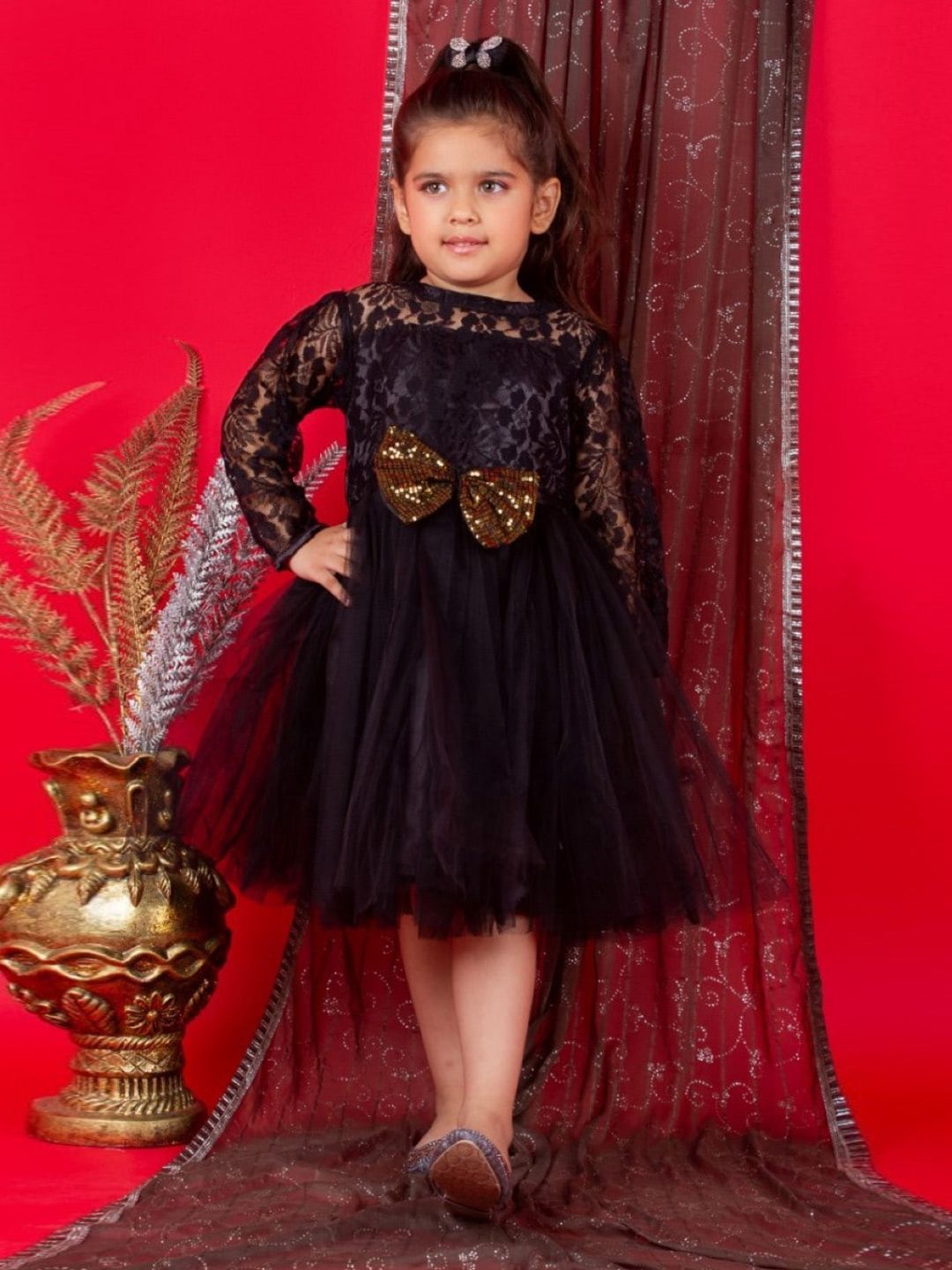 Bella Moda Girls Self Designed Long Sleeves Satin Fit & Flare Midi Dress With A Bow-picture-24