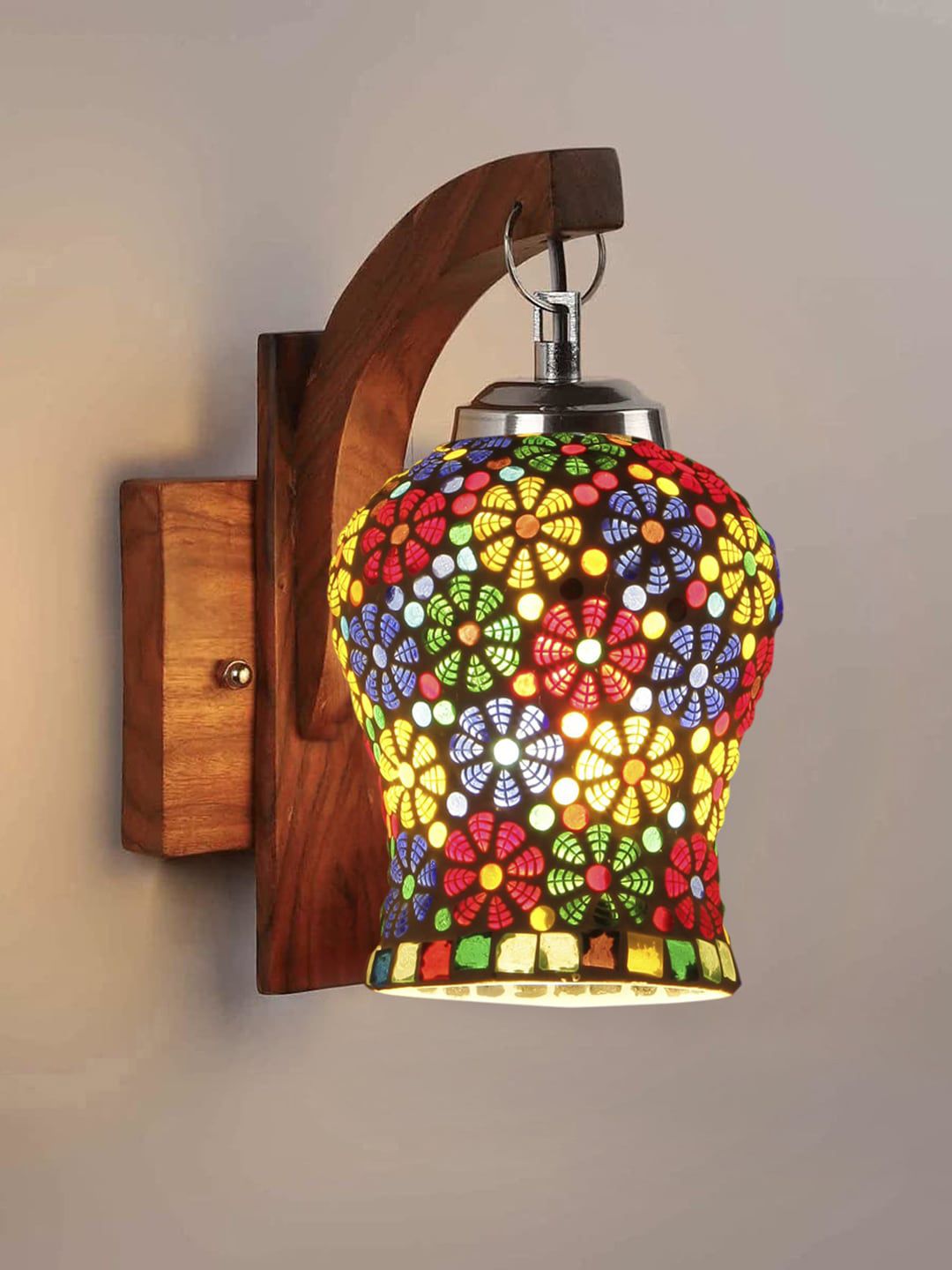 Devansh White Textured Wooden Wall Lamps With Mosaic Glass