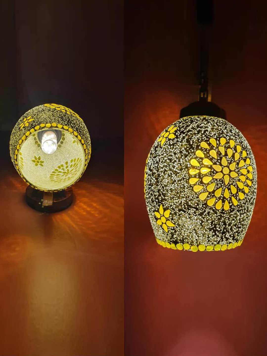 Devansh White & Brown Textured Wooden Wall Lamps With Mosaic Glass