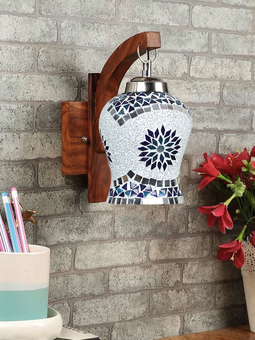 Devansh White & Brown Textured Wooden Wall Lamps With Mosaic Glass