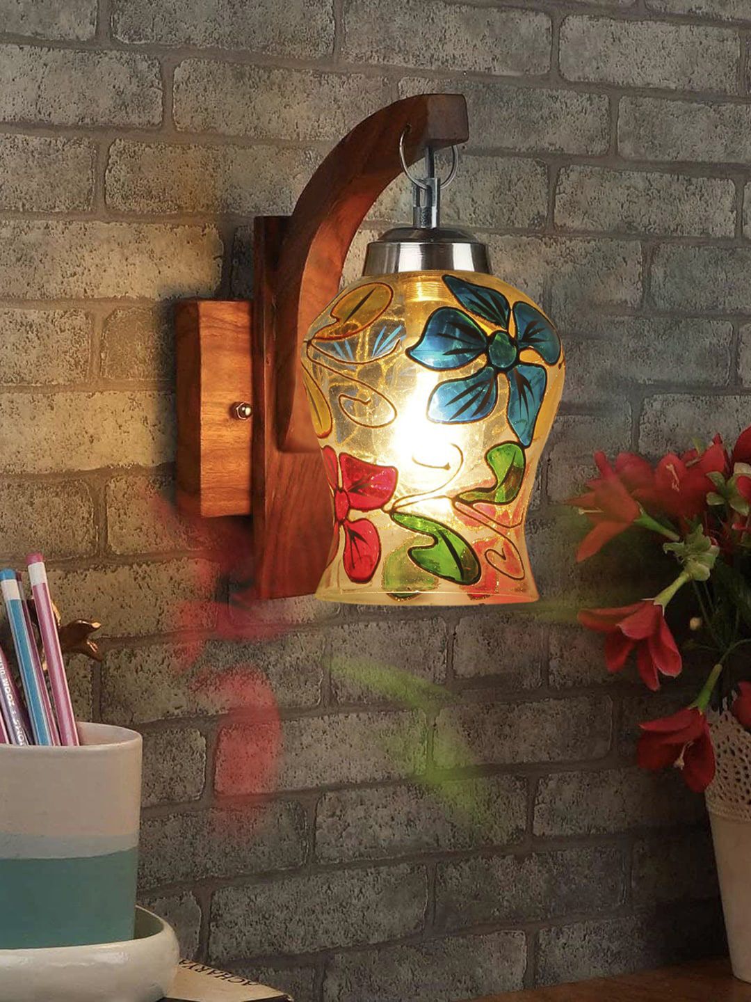Devansh Brown Textured Wooden Wall Lamps With Mosaic Glass