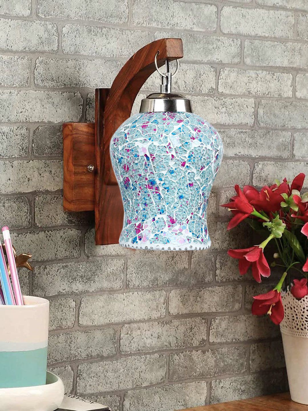 Devansh Brown & Blue Textured Wooden Wall Lamps With Mosaic Glass