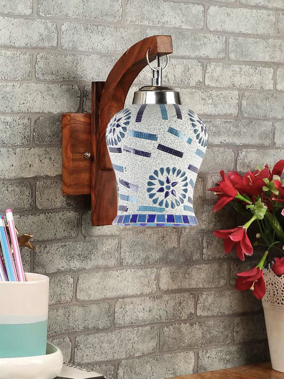 Devansh Brown Textured Wooden Wall Lamps With Mosaic Glass