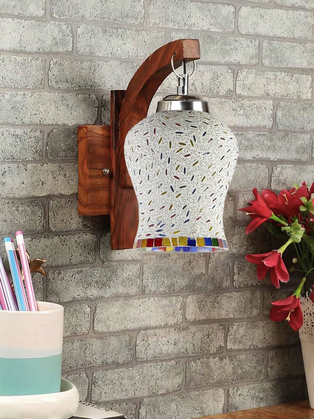 Devansh Brown & White Textured Wooden Wall Lamps With Mosaic Glass