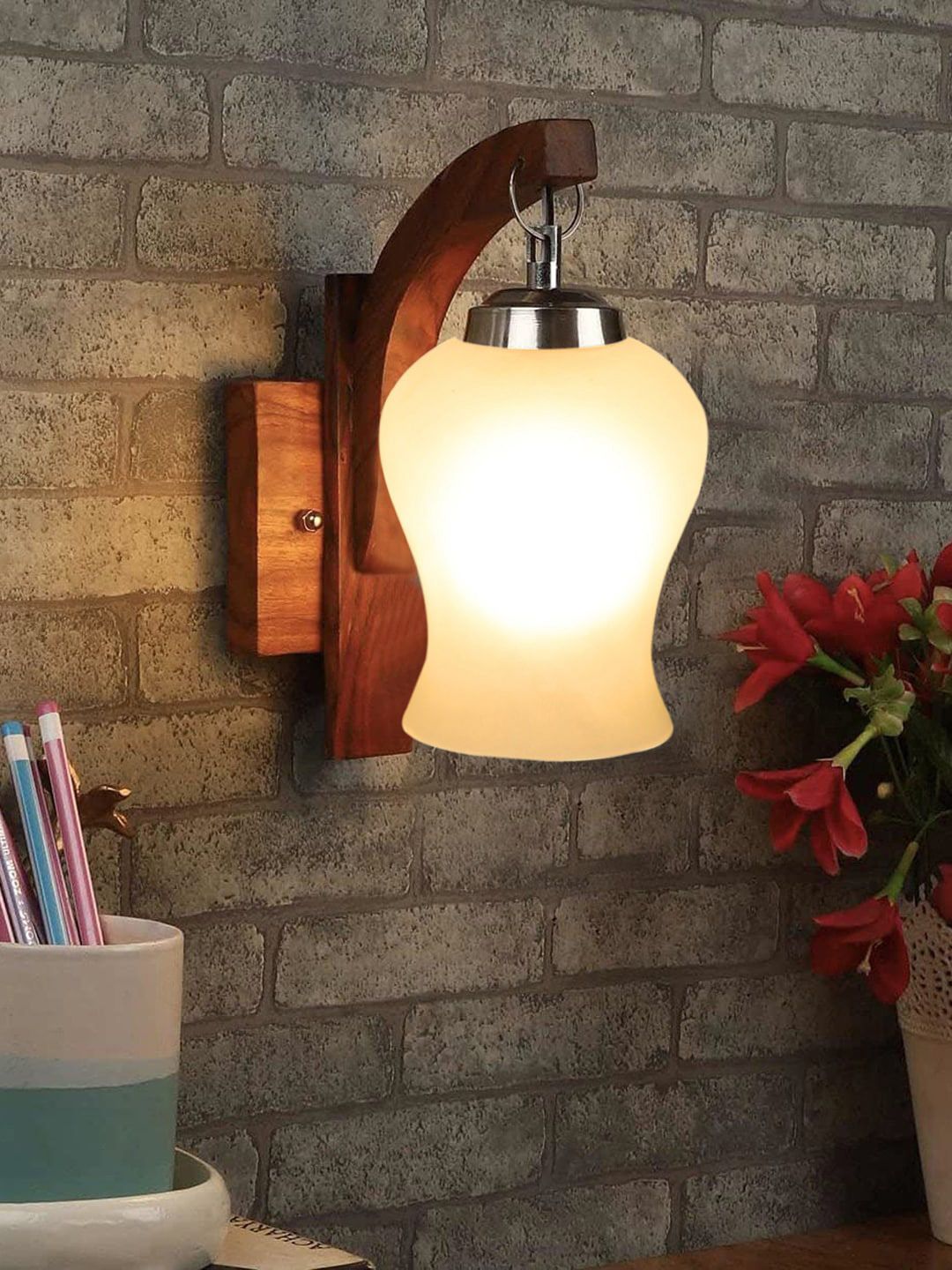 Devansh White Wooden Wall Lamps With Glass