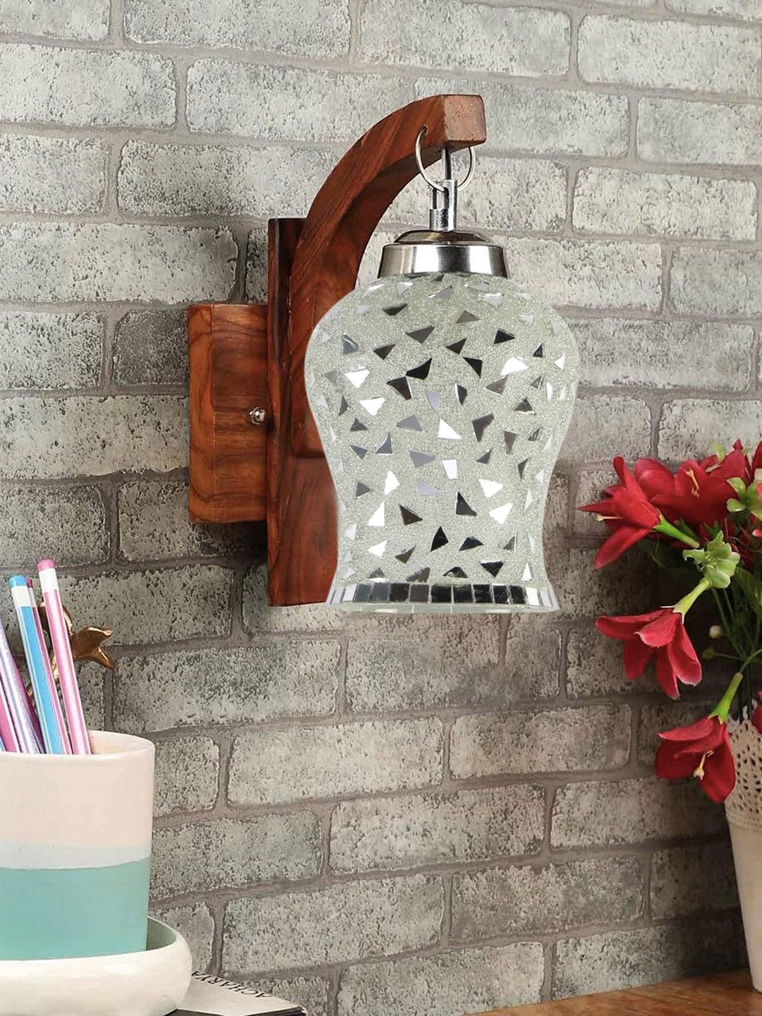 Devansh Brown & White Textured Wooden Wall Lamps With Mosaic Glass