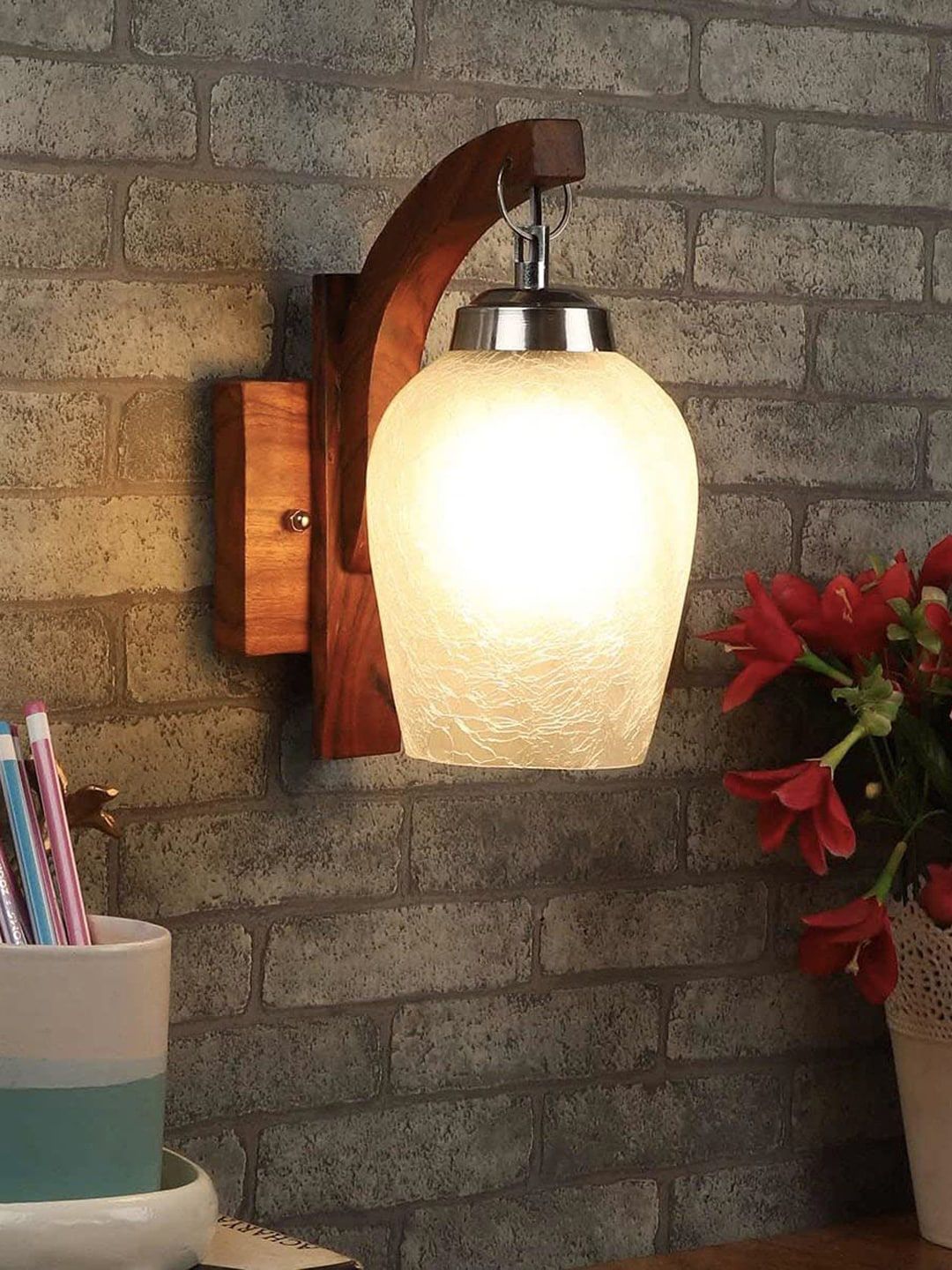 Devansh Brown Textured Wooden Wall Lamps With Mosaic Glass
