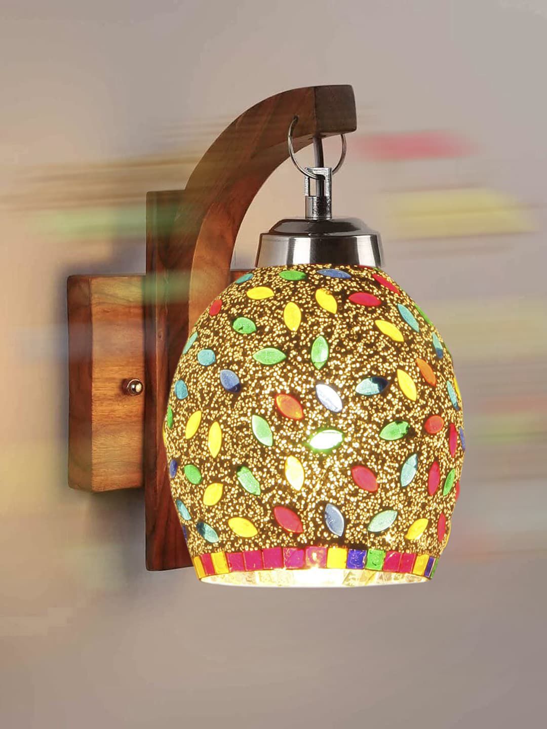 Devansh Brown Textured Wooden Wall Lamps With Mosaic Glass