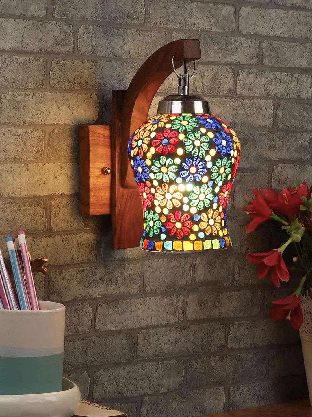 Devansh Brown Textured Wooden Wall Lamps With Mosaic Glass