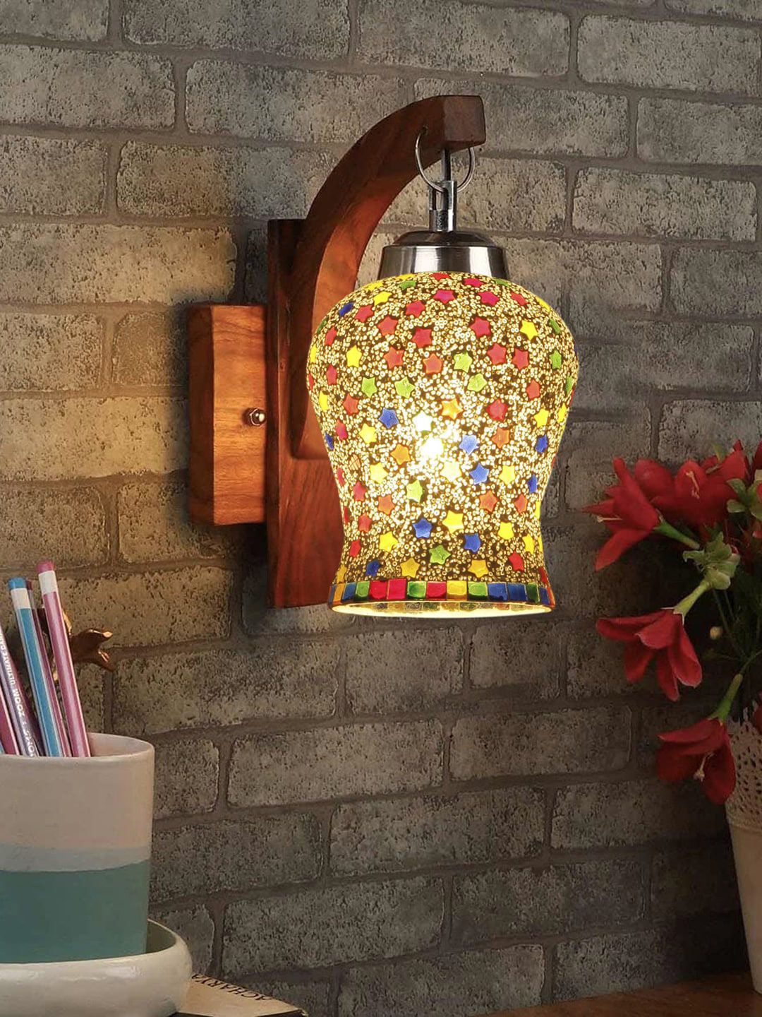 Devansh Brown Textured Wooden Wall Lamps With Mosaic Glass