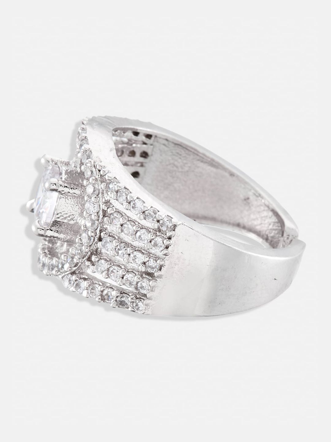 ATIBELLE Set Of 2 Silver & Gold Plated CZ-Artificial Stone Studded Floral Rings