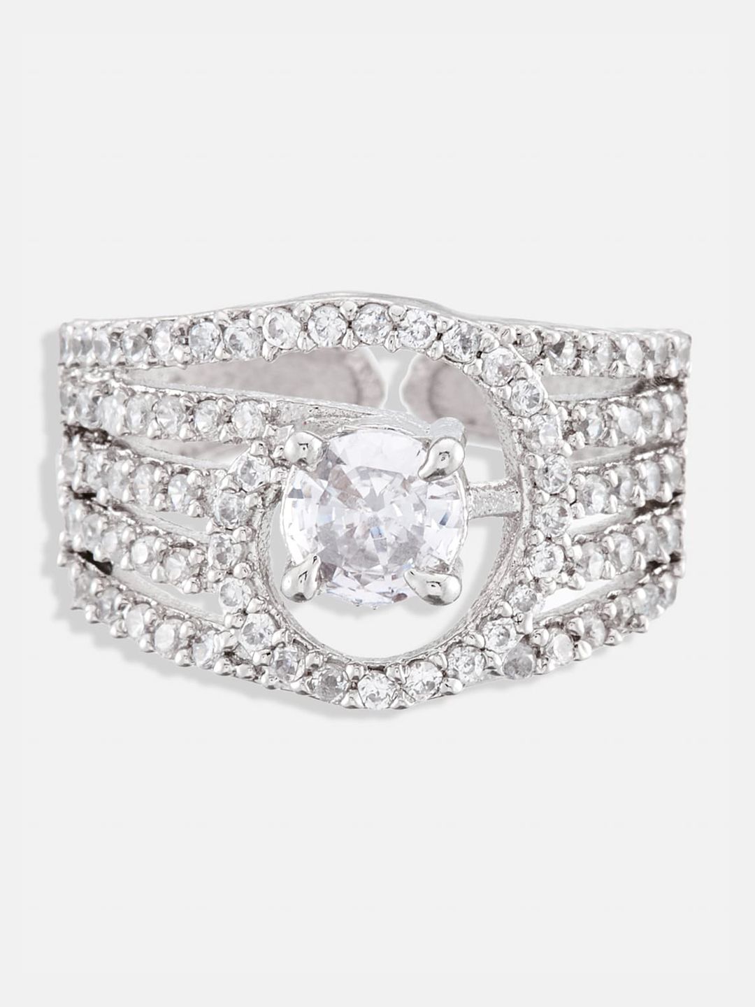 ATIBELLE Set Of 2 Silver & Gold Plated CZ-Artificial Stone Studded Floral Rings