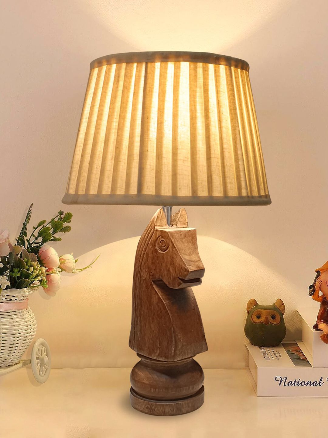 Homesake Beige & Brown Rustic Wood Base Fabric Shade Table Lamp-picture-10