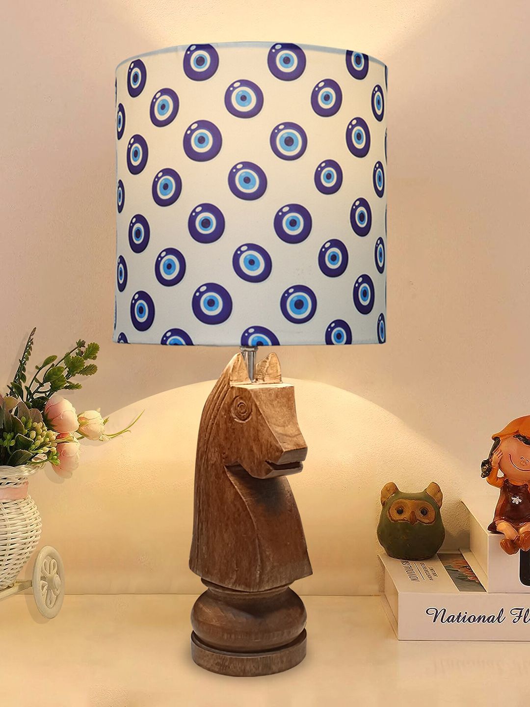 Homesake Blue & Brown Rustic Wood Base Fabric Shade Traditional Table Lamp-picture-34