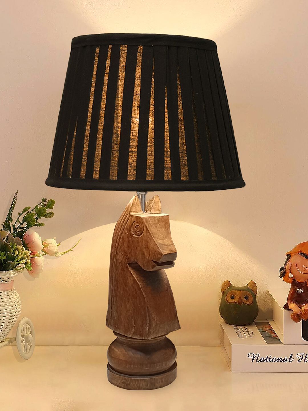 Homesake Black & Brown Rustic Wood Base Textured Fabric Shade Traditional Table Lamp-picture-54