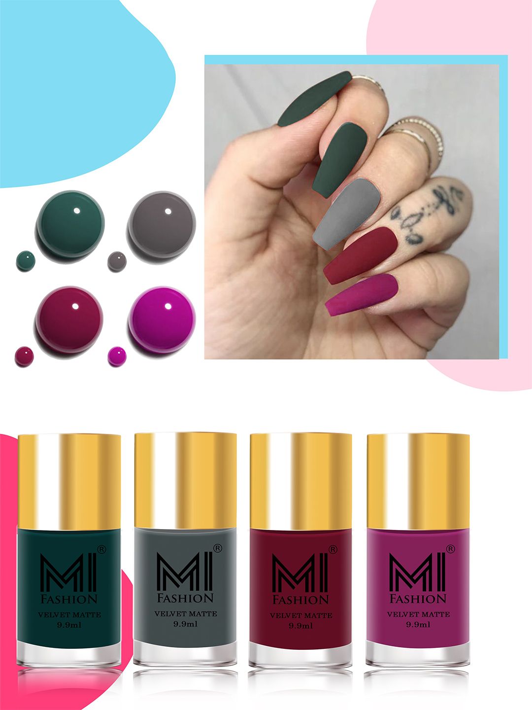 MI FASHION Set of 4 Velvet Matte Nail Polish 9.9 ml Each - Shade 12, 20, 25, 38-picture-7