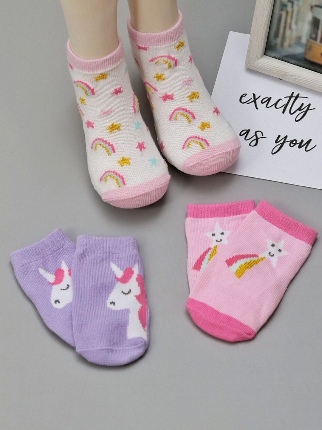 Yellow Bee Girls Pack Of 3 Patterned Cotton Ankle-Length Socks-picture-35