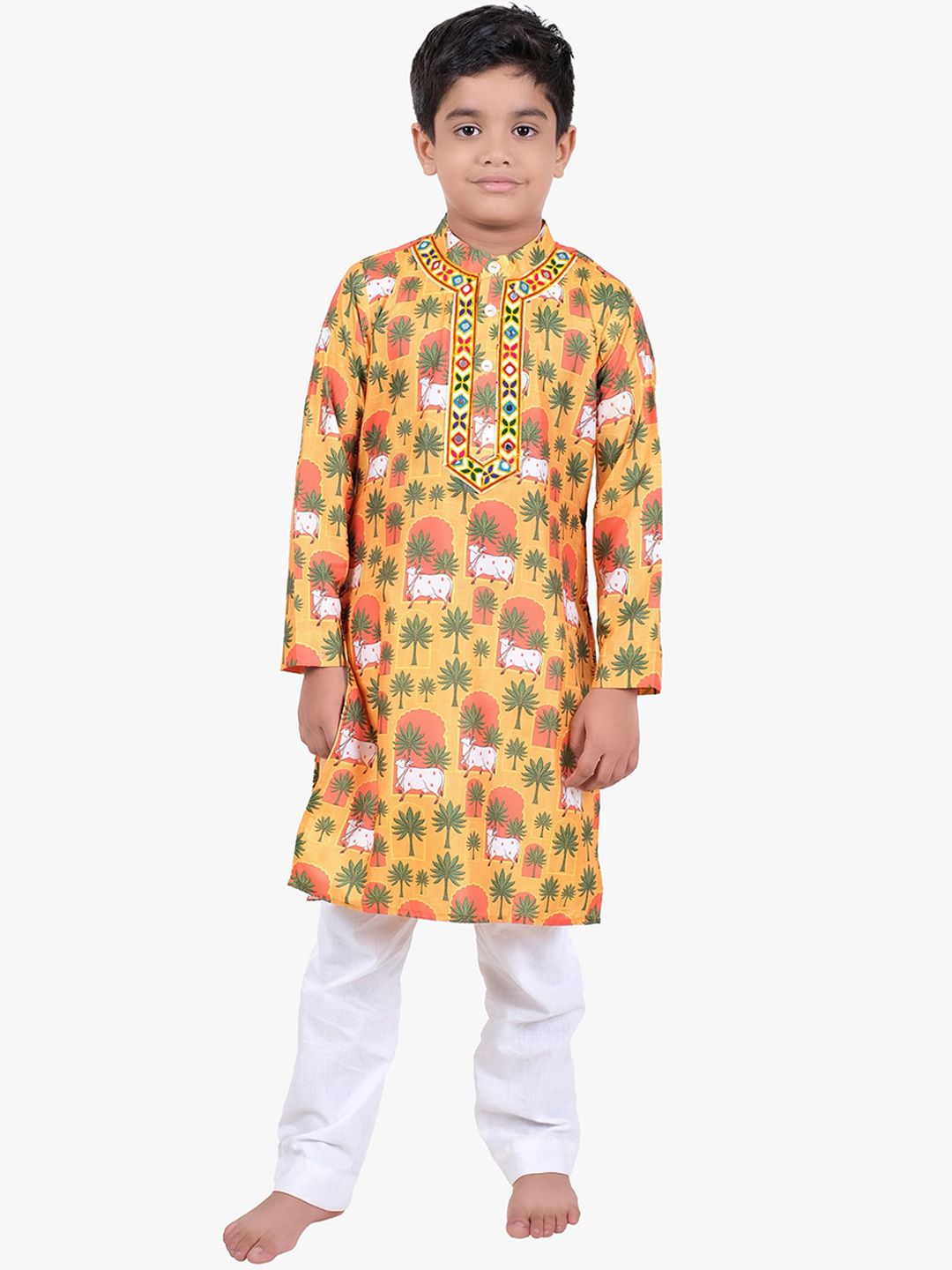 Jilmil Boys Ethnic Motif Printed Band Collar Mirror Work Regular Kurta with Trousers-picture-15