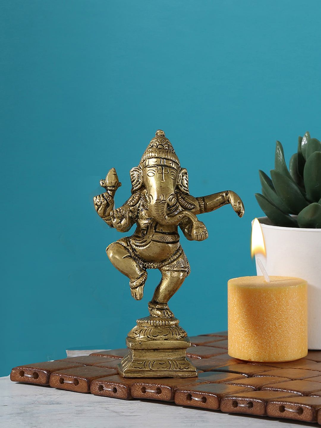 Two Moustaches Gold Toned Brass Dancing Ganesha Idol-picture-38