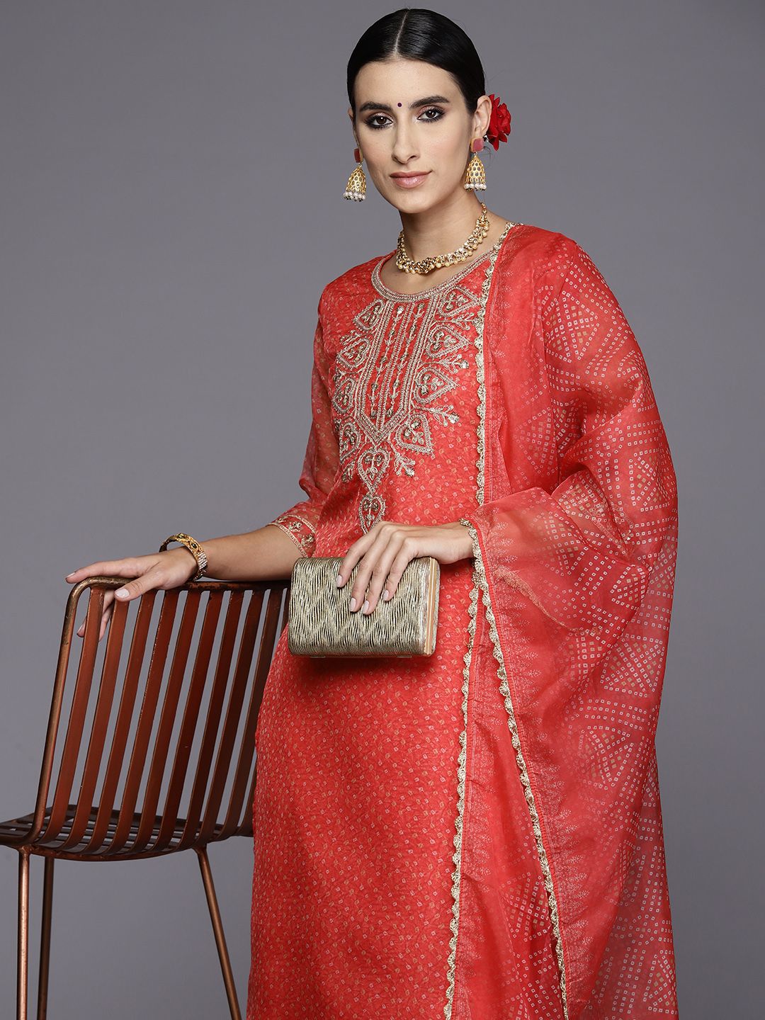 Indo Era Women Rust Bandhani Embroidered Regular Sequinned Kurta with Trousers & With Dupatta
